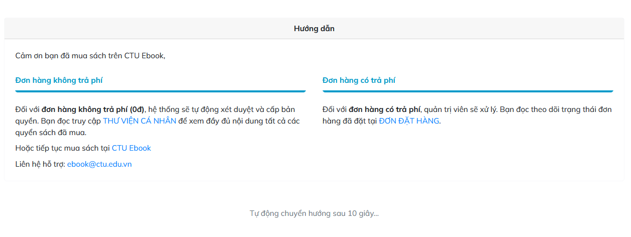 Giao diện Hướng dẫn sau khi đặt hàng thành công